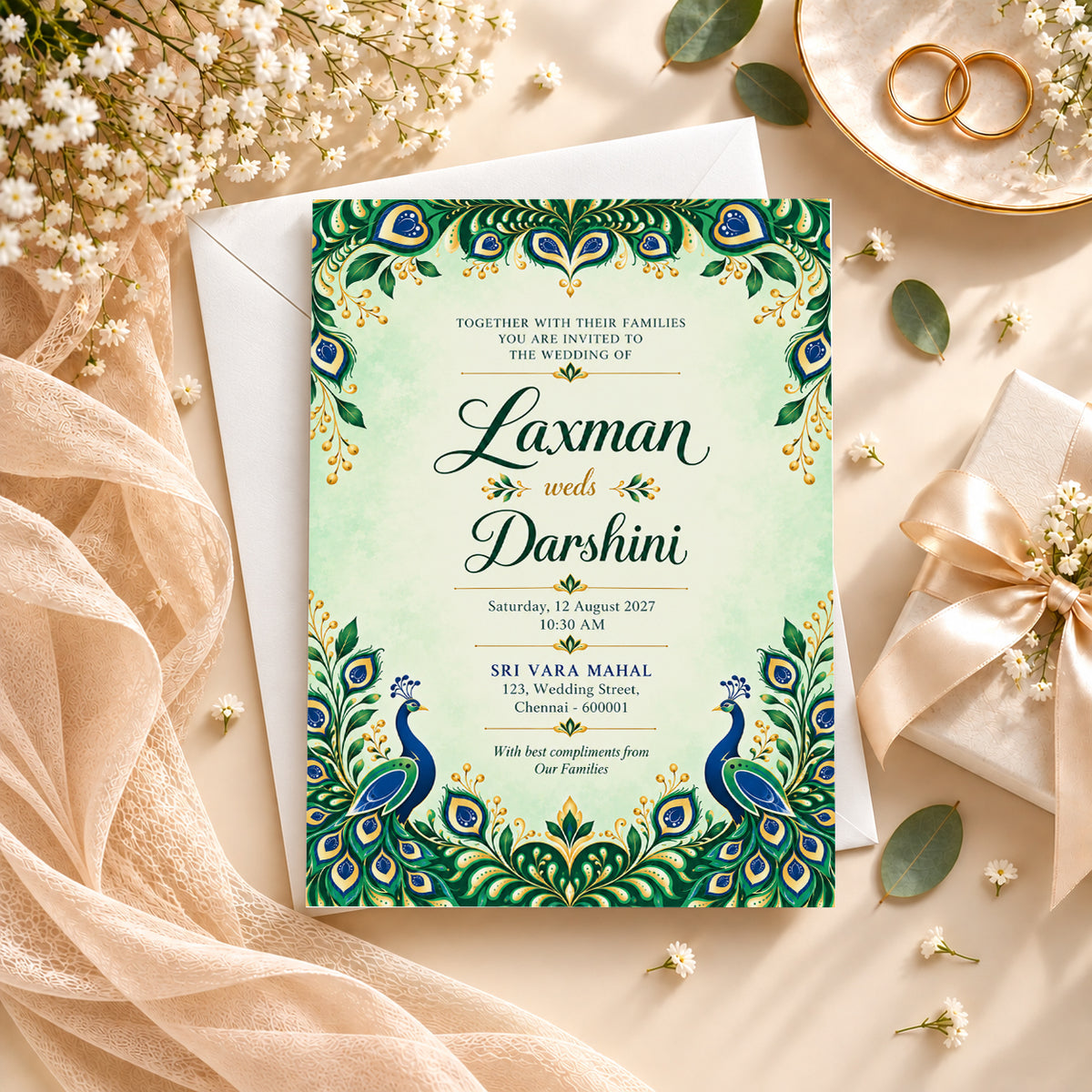 Elegant Peacock Wedding Invitation Card