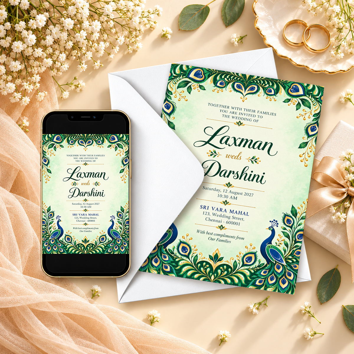 Elegant Peacock Wedding Invitation Card