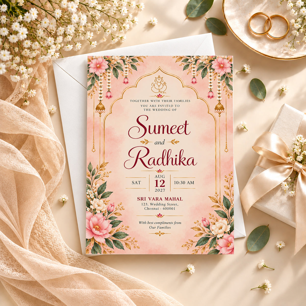 Elegant Pink Indian Wedding Invitation Card
