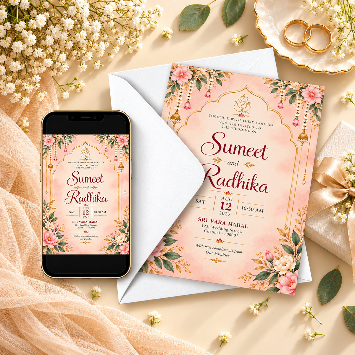 Elegant Pink Indian Wedding Invitation Card