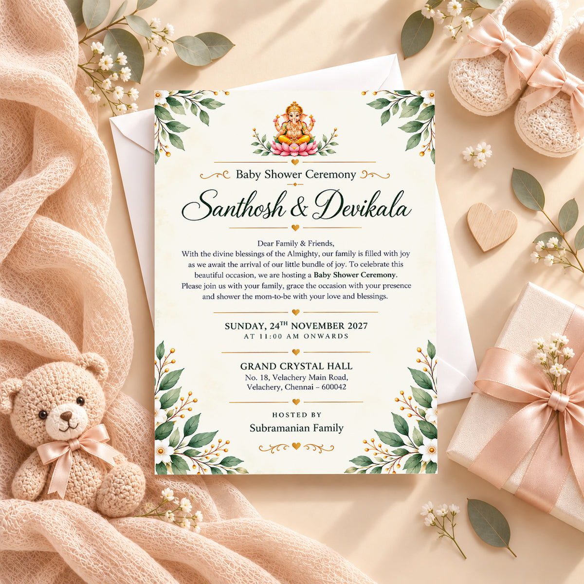 Elegant Sage Green & Gold Baby Shower Invitation | Digital & Printed