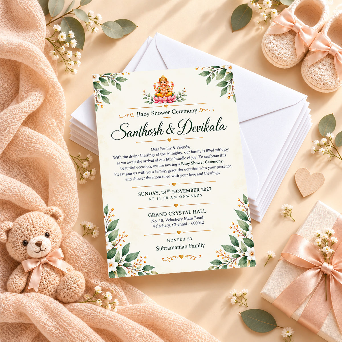Elegant Sage Green & Gold Baby Shower Invitation | Digital & Printed