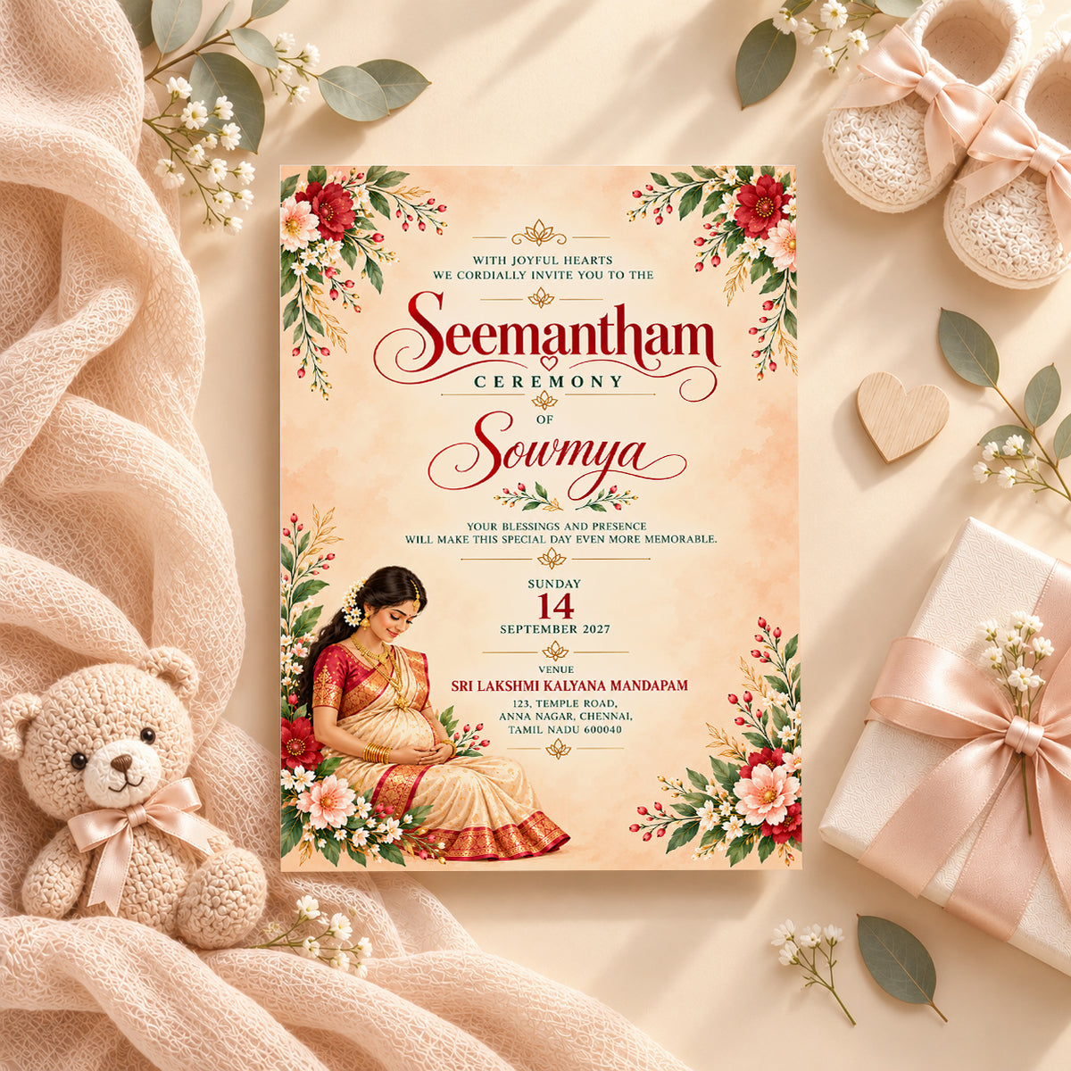 Elegant Seemantham Ceremony Invitation | Traditional Indian Baby Shower