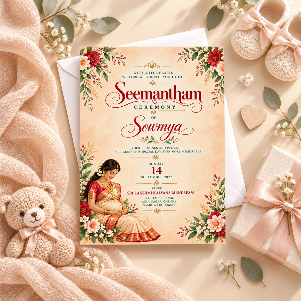 Elegant Seemantham Ceremony Invitation | Traditional Indian Baby Shower
