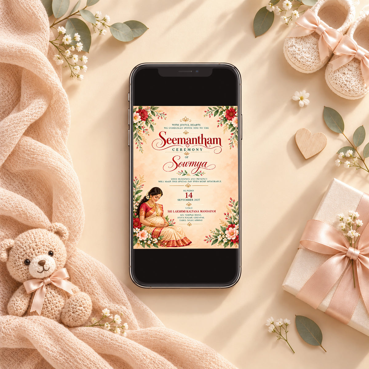 Elegant Seemantham Ceremony Invitation | Traditional Indian Baby Shower