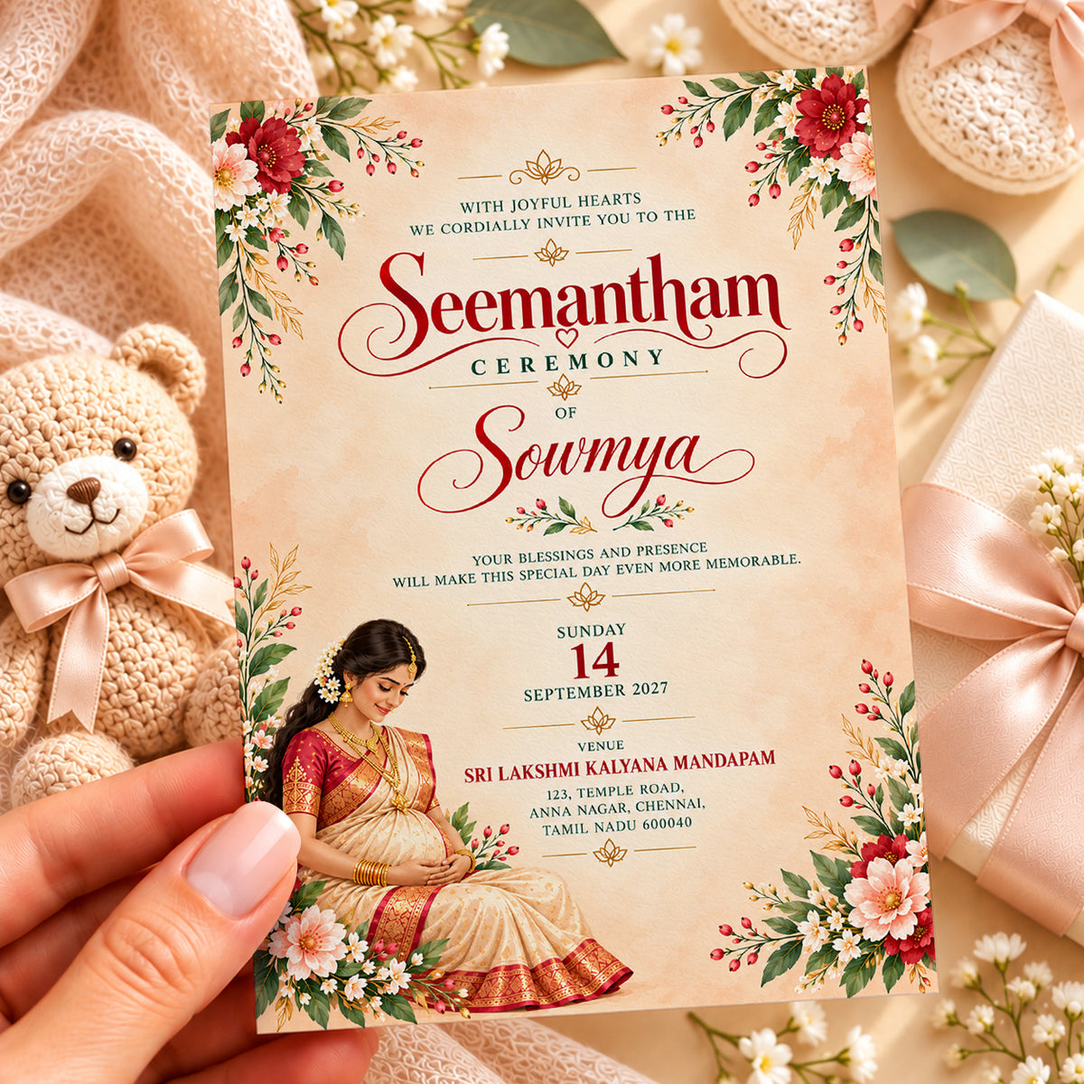 Elegant Seemantham Ceremony Invitation | Traditional Indian Baby Shower