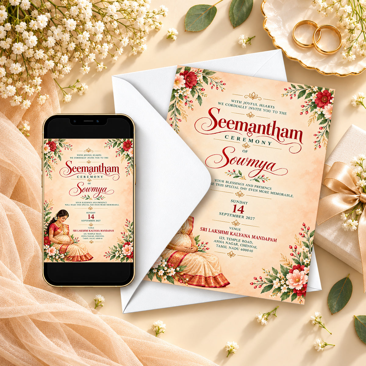 Elegant Seemantham Ceremony Invitation | Traditional Indian Baby Shower