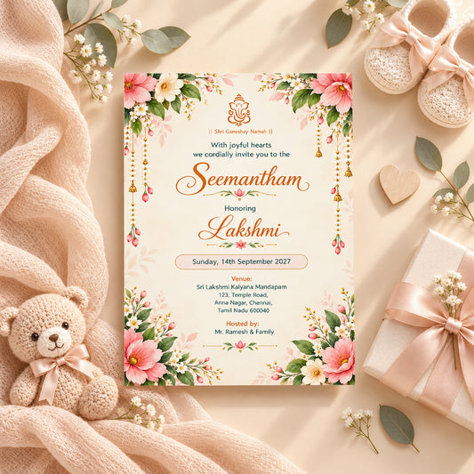 Elegant Floral Seemantham Invitation | Traditional Indian Baby Shower