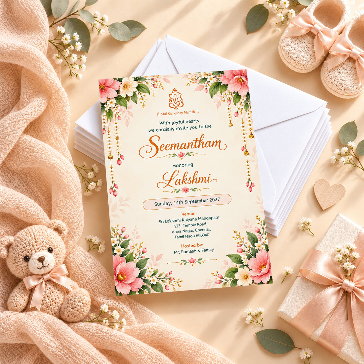 Elegant Floral Seemantham Invitation | Traditional Indian Baby Shower