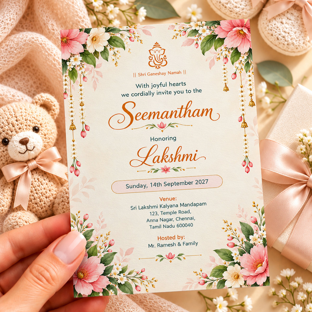 Elegant Floral Seemantham Invitation | Traditional Indian Baby Shower