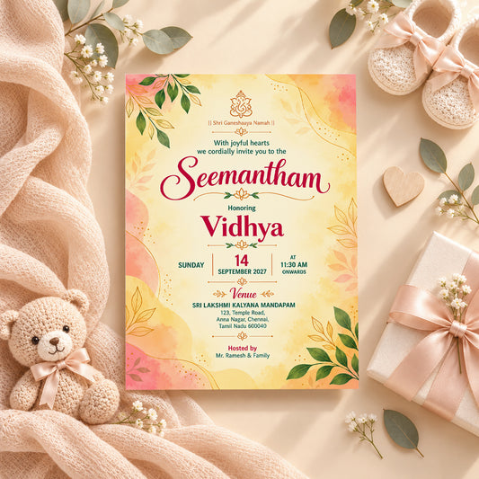 Elegant Pastel Floral Seemantham Invitation | Indian Baby Shower