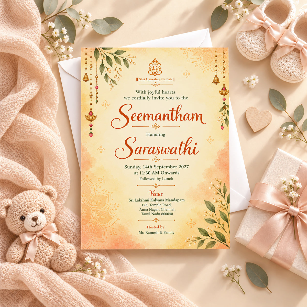 Elegant Seemantham Invitation | Traditional Indian Baby Shower