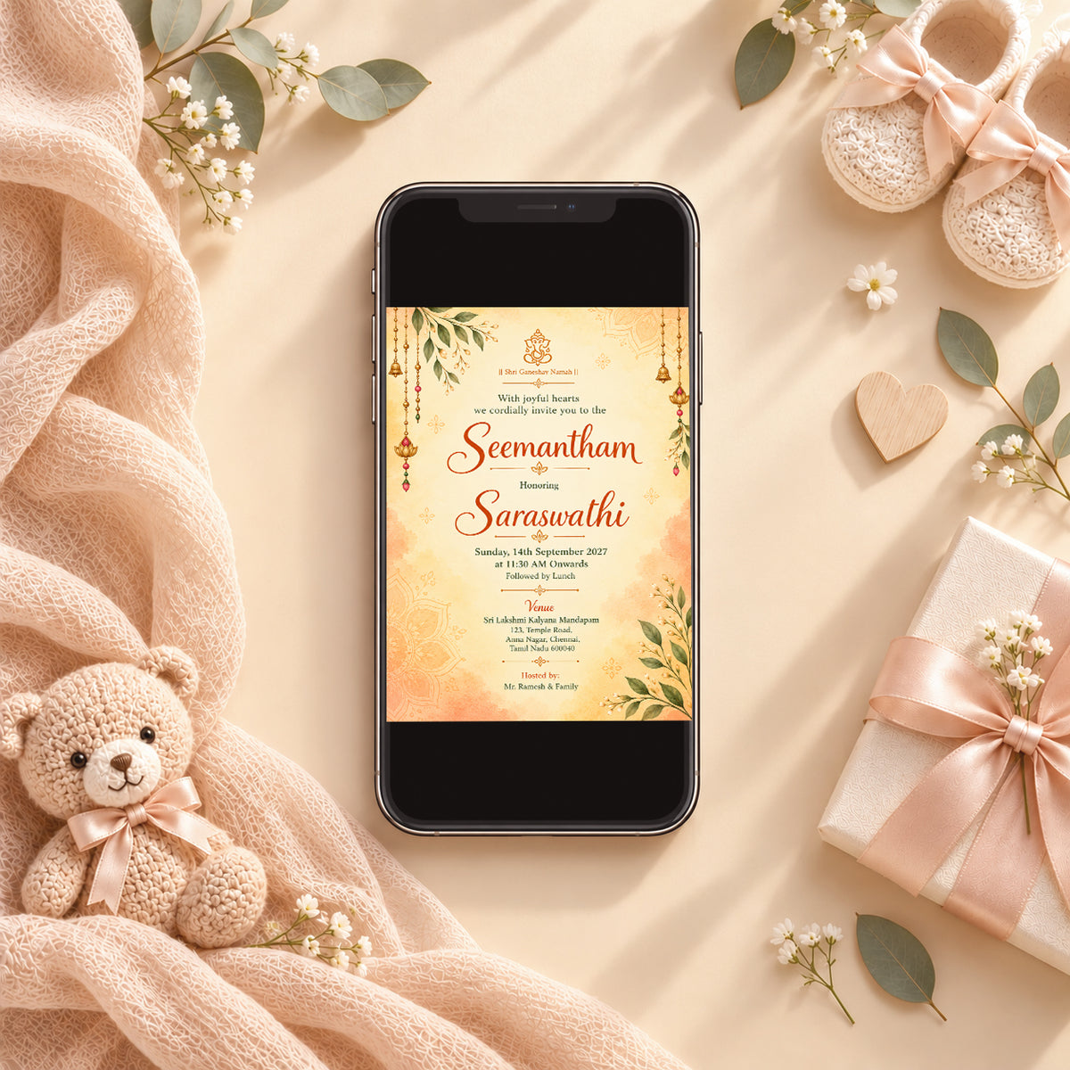 Elegant Seemantham Invitation | Traditional Indian Baby Shower