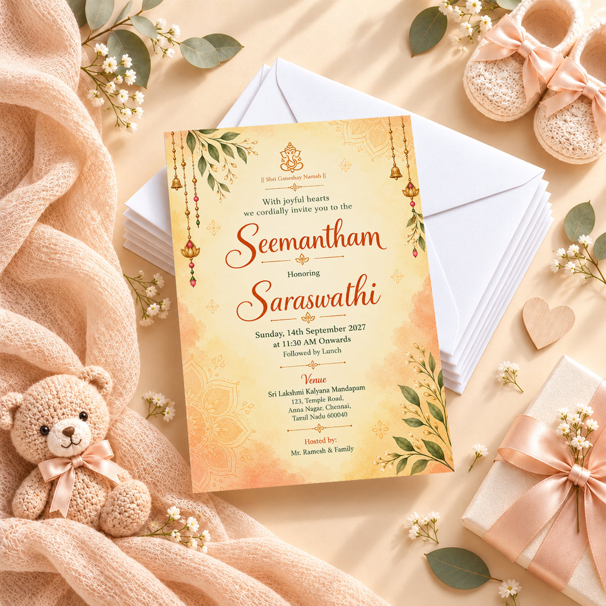 Elegant Seemantham Invitation | Traditional Indian Baby Shower