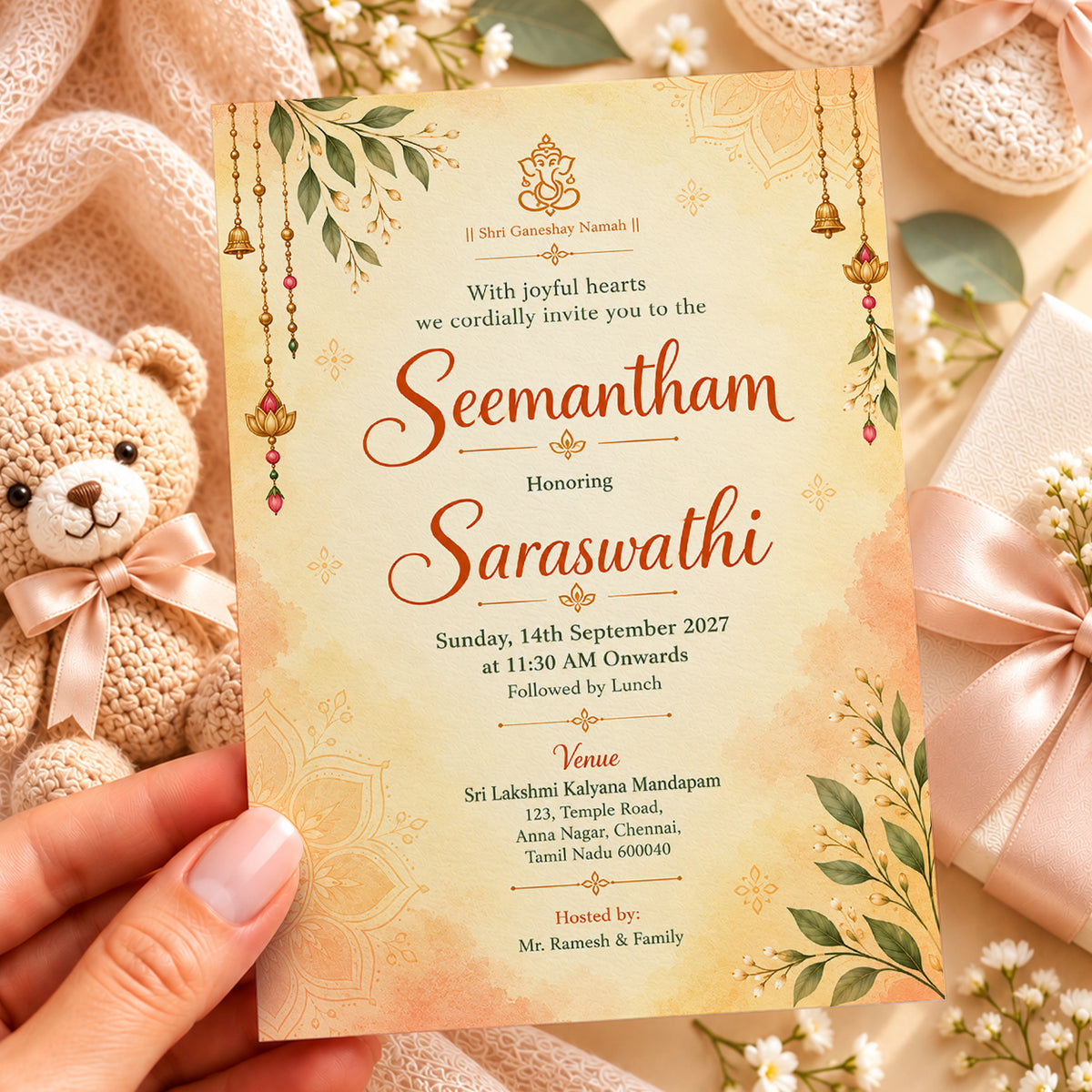 Elegant Seemantham Invitation | Traditional Indian Baby Shower