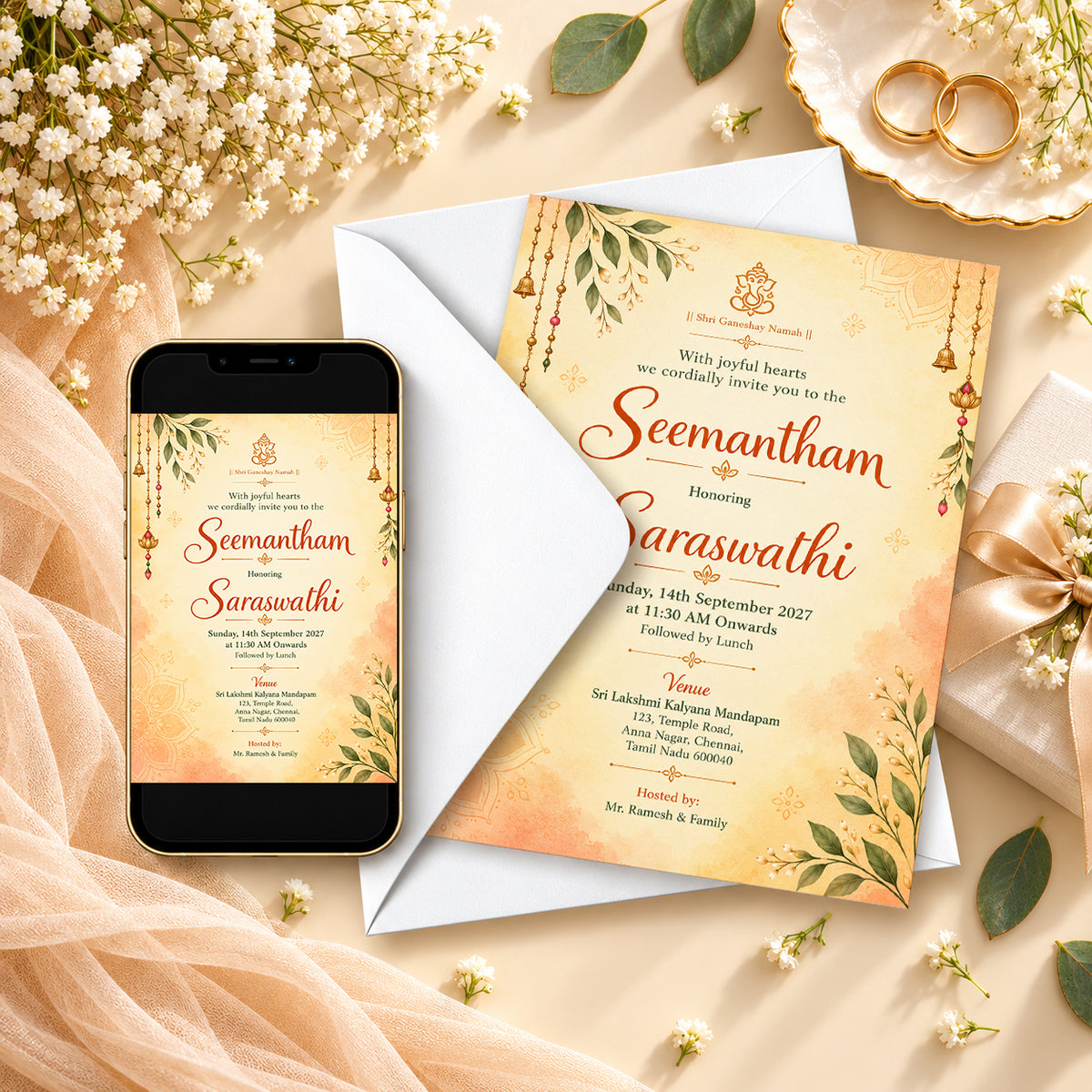 Elegant Seemantham Invitation | Traditional Indian Baby Shower