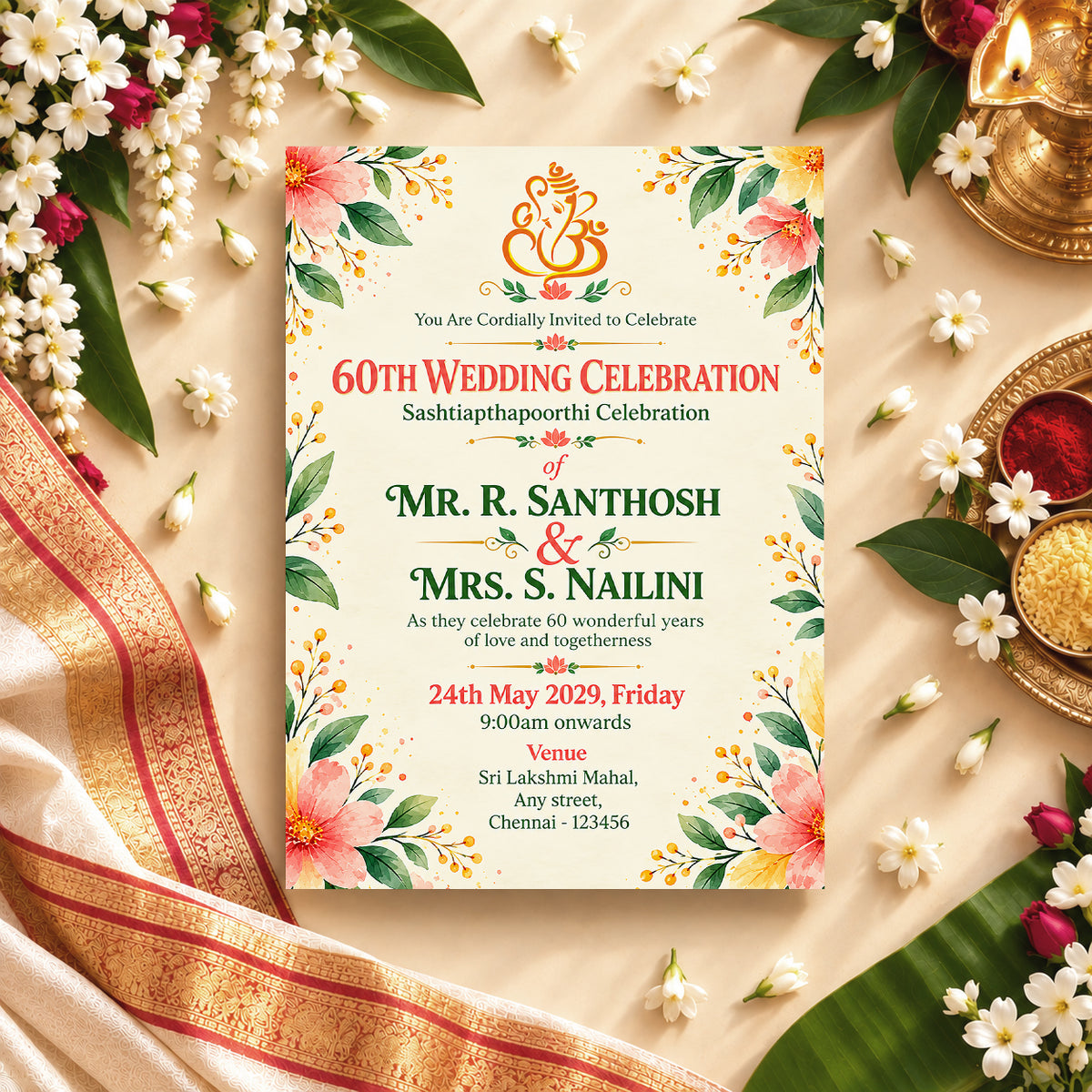 Elegant Watercolor Floral 60th Wedding Anniversary Invitation | Digital & Printed
