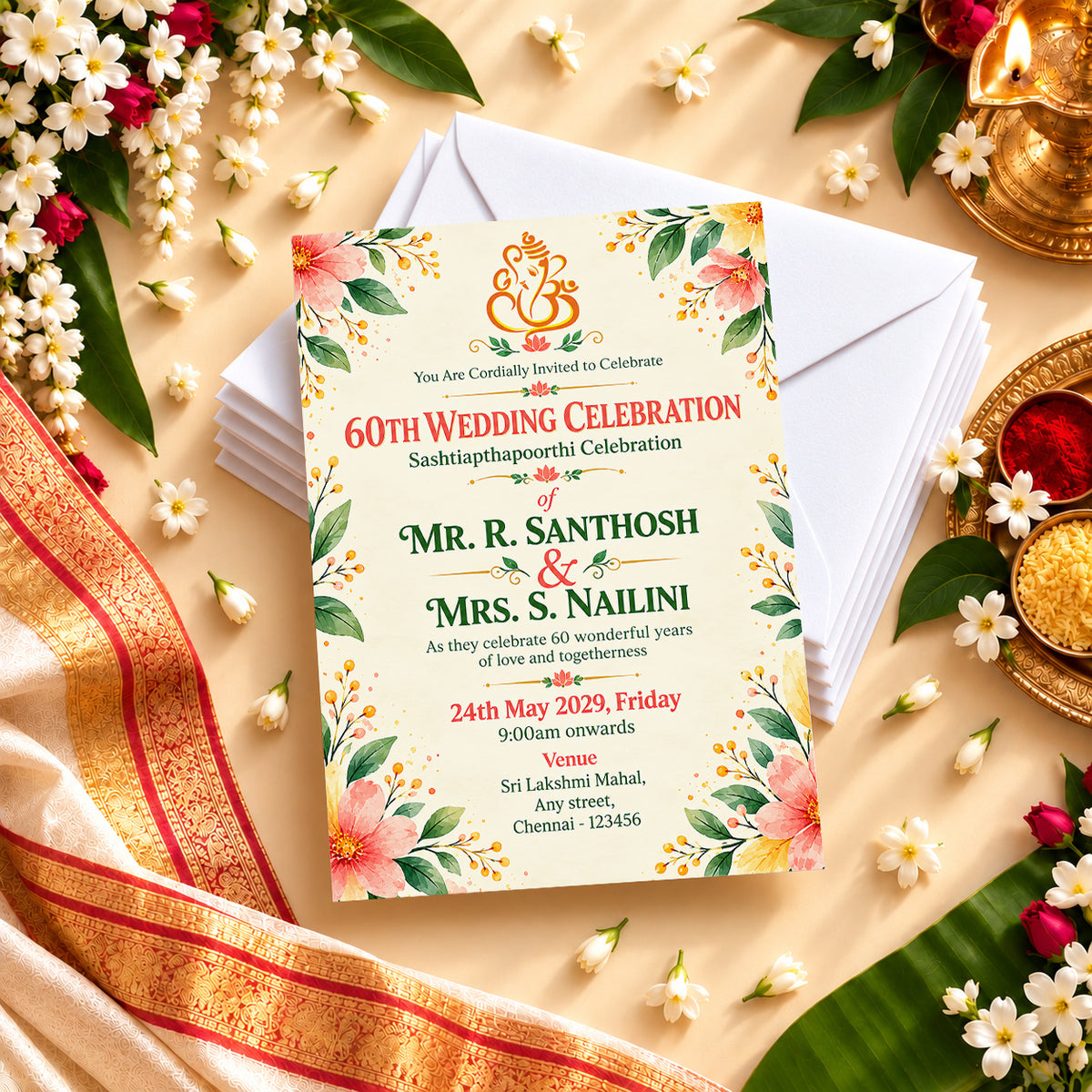 Elegant Watercolor Floral 60th Wedding Anniversary Invitation | Digital & Printed