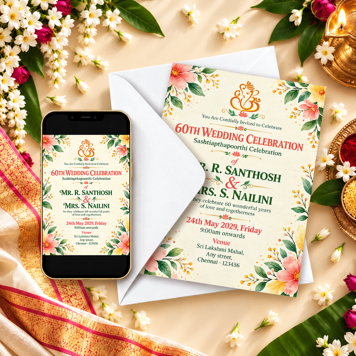 Elegant Watercolor Floral 60th Wedding Anniversary Invitation | Digital & Printed