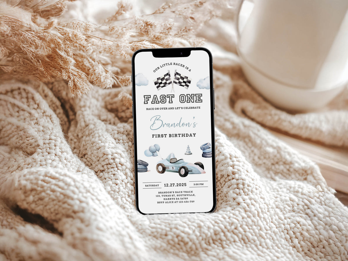 Fast One Racing Car First Birthday Invitation 1st Birthday Evite Racing Car Vintage Racecar Invite Electronic Template Instant Download 0465