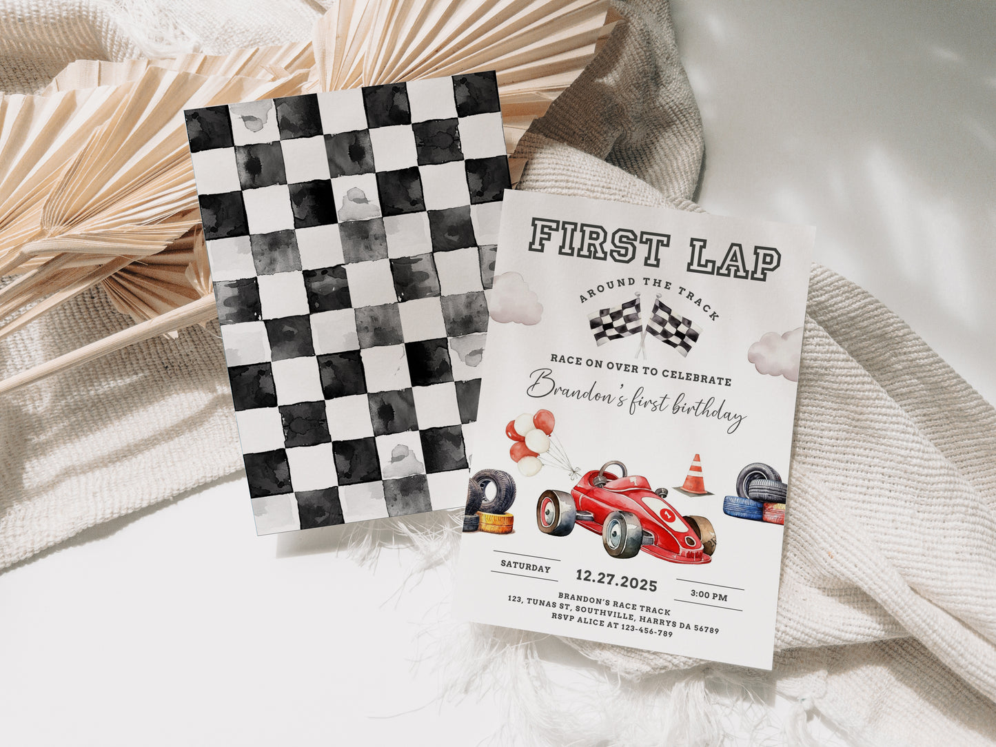 Race Car First Birthday Invitation, First Lap Around The Track Invite, Boy Birthday Invitation, Editable Canva, Mobile Phone Evite 0545