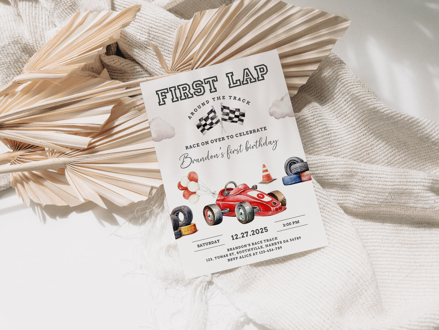 Race Car First Birthday Invitation, First Lap Around The Track Invite, Boy Birthday Invitation, Editable Canva, Mobile Phone Evite 0545