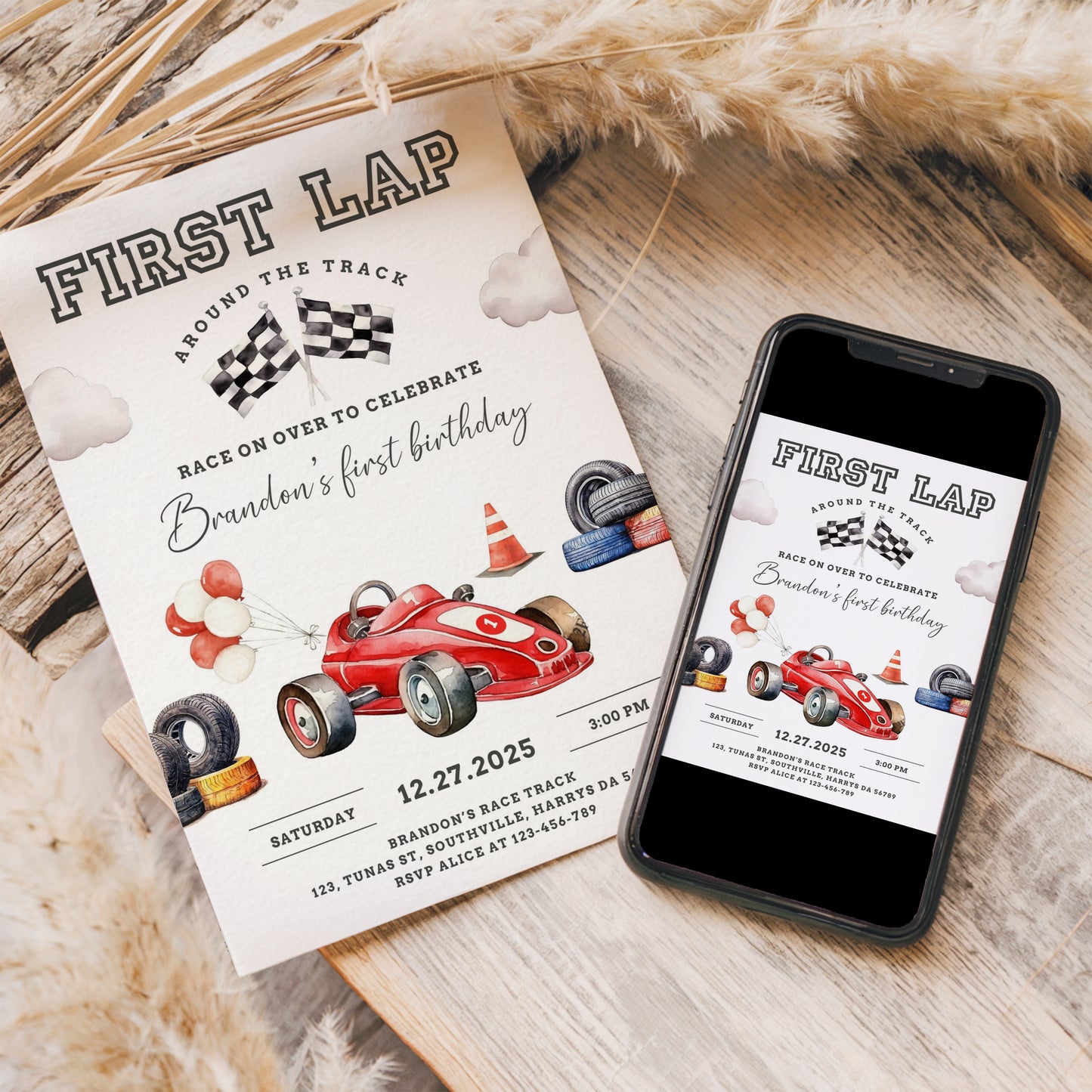 Race Car First Birthday Invitation, First Lap Around The Track Invite, Boy Birthday Invitation, Editable Canva, Mobile Phone Evite 0545