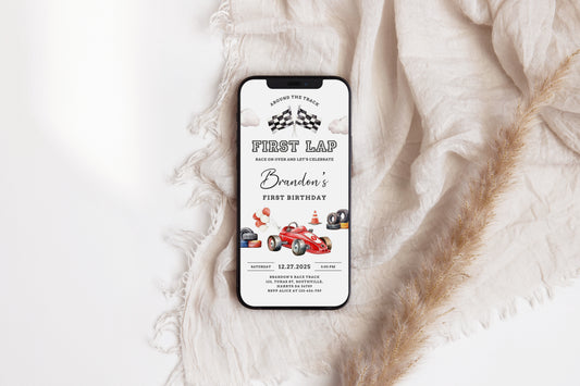 Editable First Lap Race Car 1st Birthday Invitation Vintage Car Racing Fast One Electronic Mobile Invite, First, Evite, Mobile, 0545