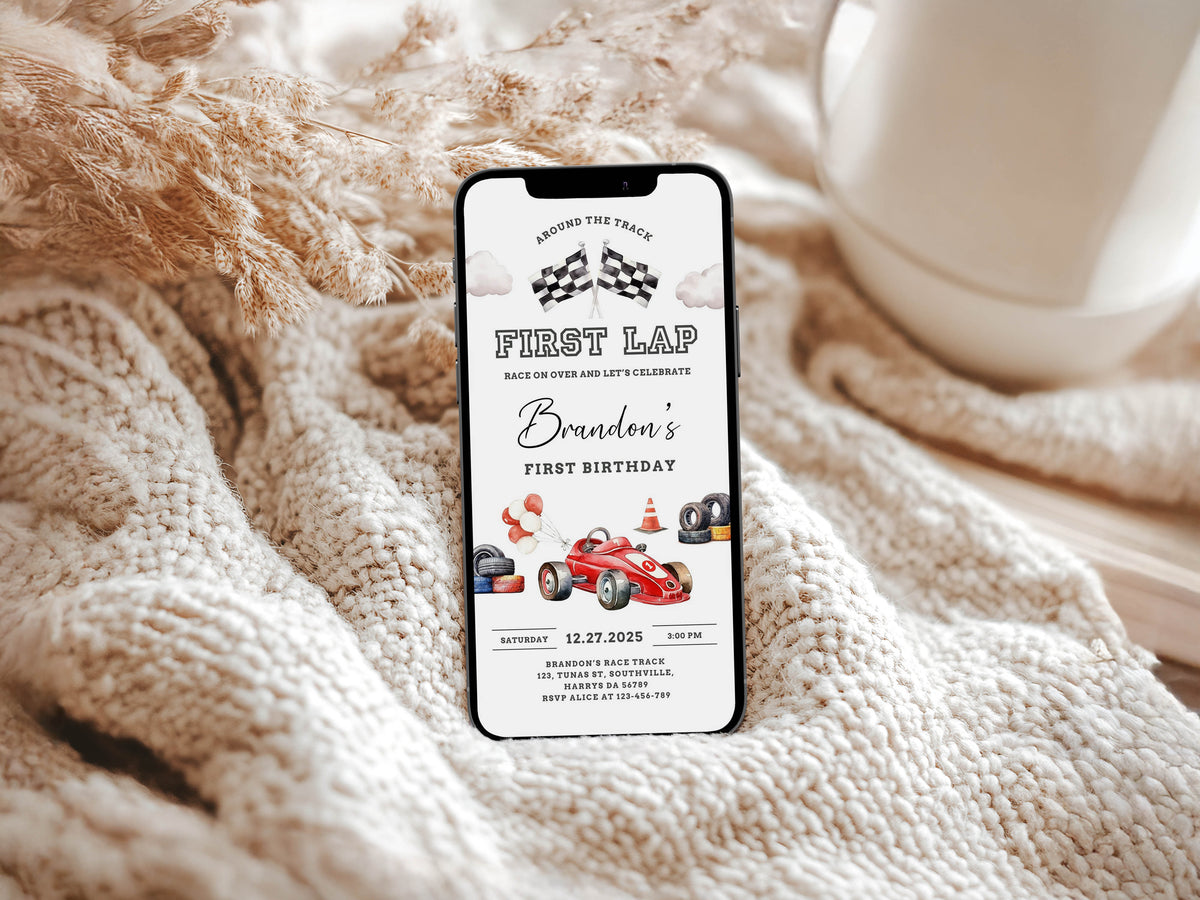 Editable First Lap Race Car 1st Birthday Invitation Vintage Car Racing Fast One Electronic Mobile Invite, First, Evite, Mobile, 0545