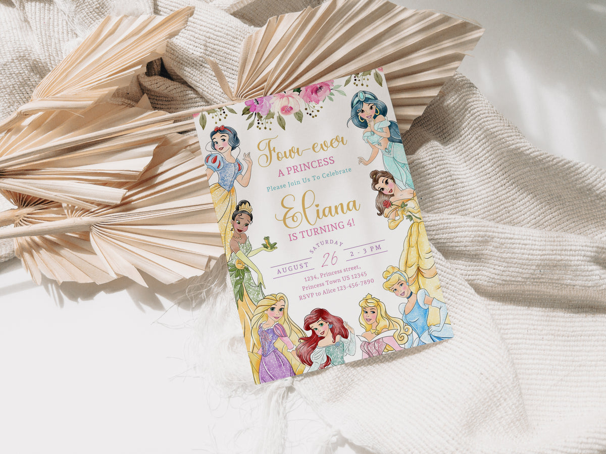 Four Ever A Princess Birthday Invitation Template, Printable Invitation, Girl Birthday, Evite, Digital Invite, - 0719