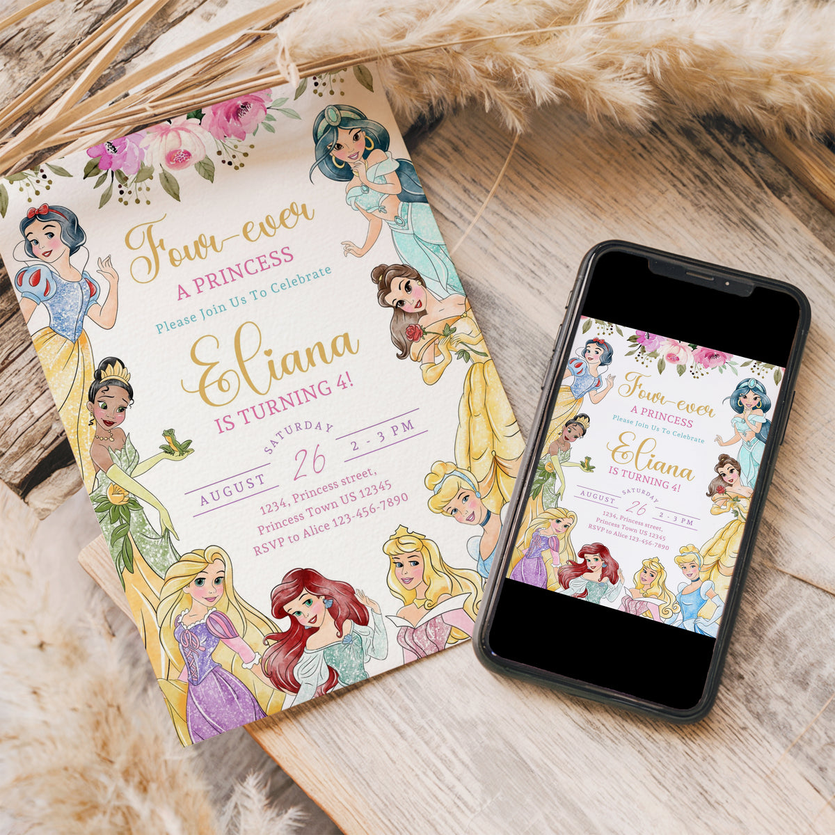 Four Ever A Princess Birthday Invitation Template, Printable Invitation, Girl Birthday, Evite, Digital Invite, - 0719