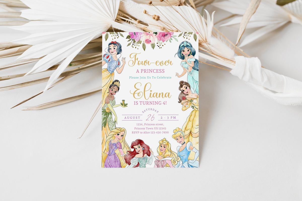 Four Ever A Princess Birthday Invitation Template, Printable Invitation, Girl Birthday, Evite, Digital Invite, - 0719