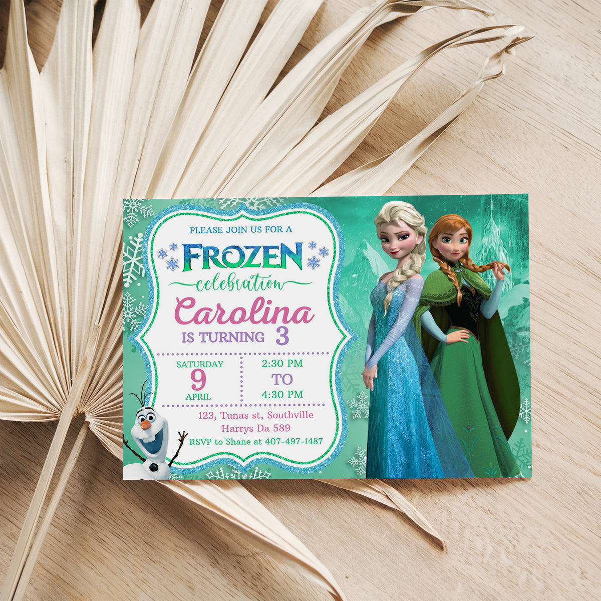 Frozen Green Birthday Invitation Template, Printable Invitation, Girl Birthday, Evite, Digital Invite, 0662
