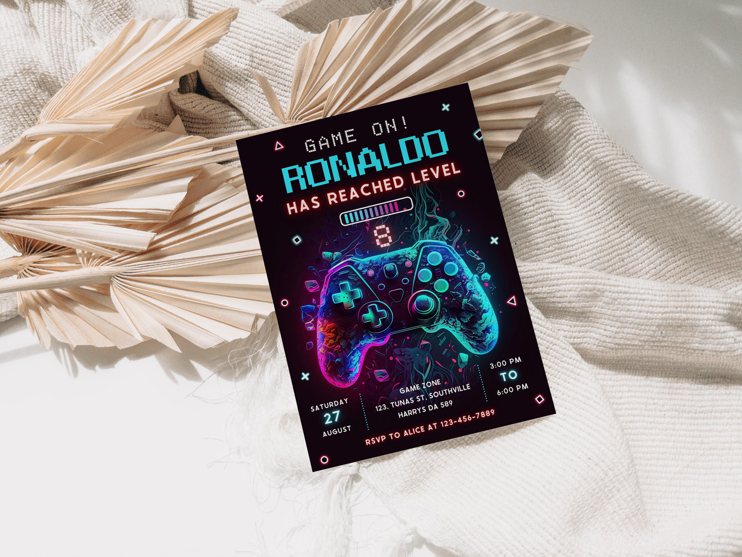 Editable Video Game Birthday Invitation, Video Game Invitation, Neon Game On Level Up Gaming Birthday Party Invites Instant Download 0386