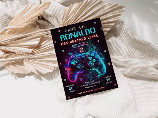 Editable Video Game Birthday Invitation, Video Game Invitation, Neon Game On Level Up Gaming Birthday Party Invites Instant Download 0386