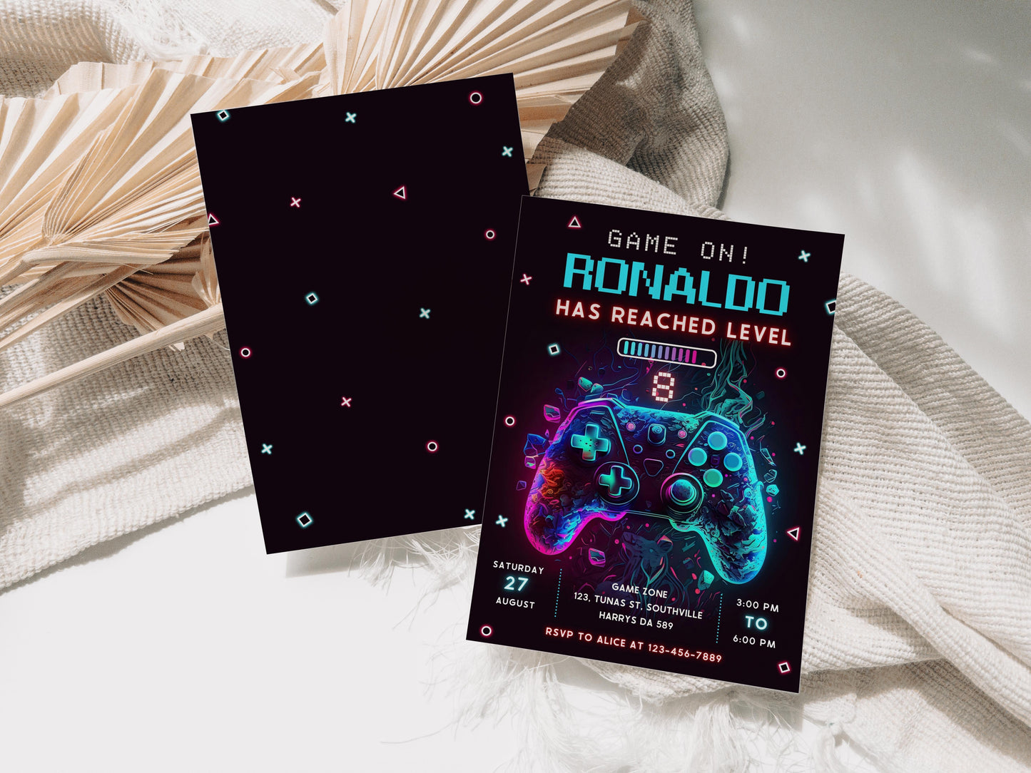 Editable Video Game Birthday Invitation, Video Game Invitation, Neon Game On Level Up Gaming Birthday Party Invites Instant Download 0386