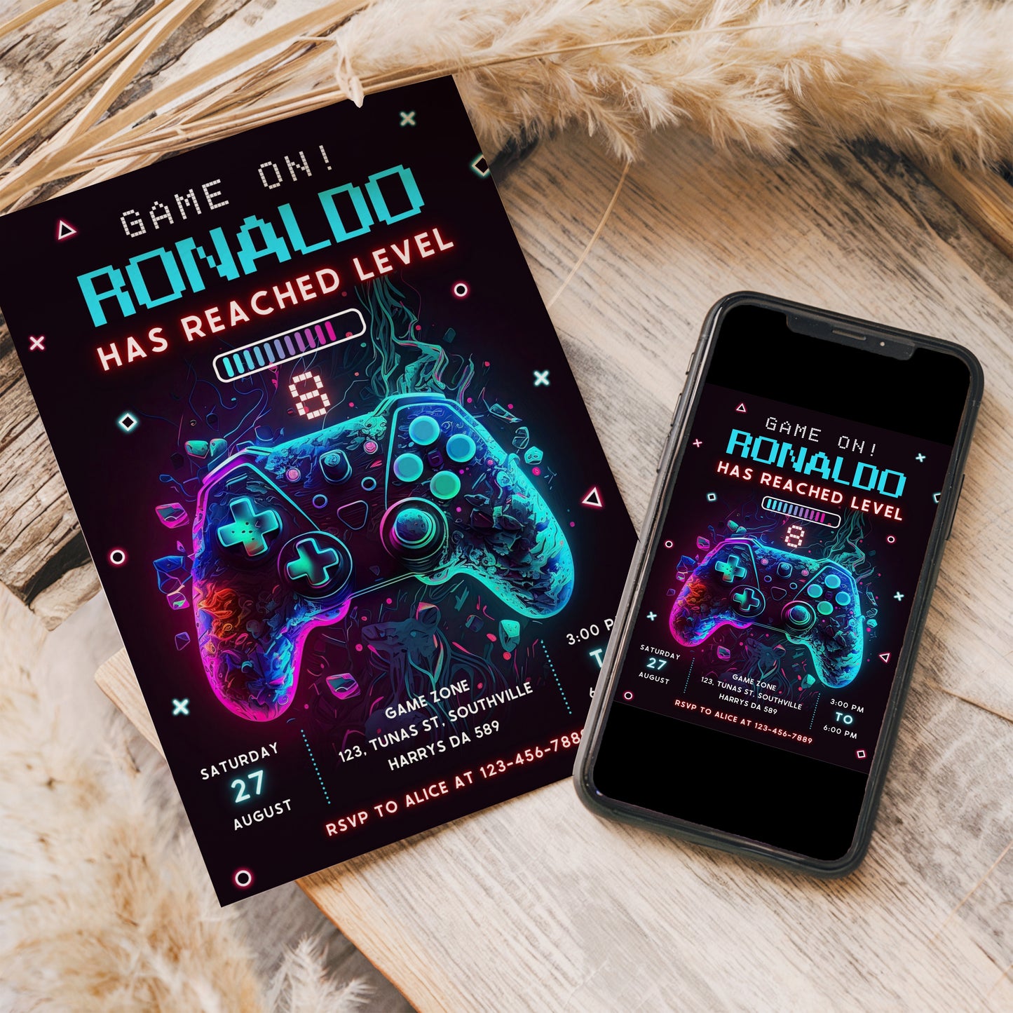 Editable Video Game Birthday Invitation, Video Game Invitation, Neon Game On Level Up Gaming Birthday Party Invites Instant Download 0386