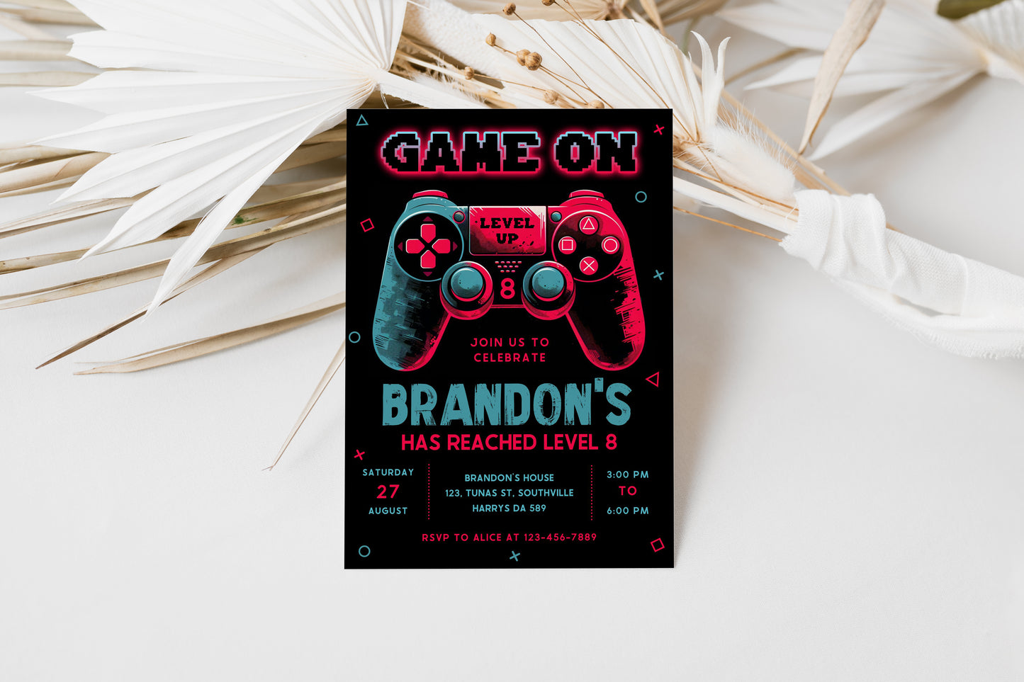 Editable Video Game Birthday Invitation, Video Game Invitation, Neon Game On Level Up Gaming Birthday Party Invites Instant Download 0384