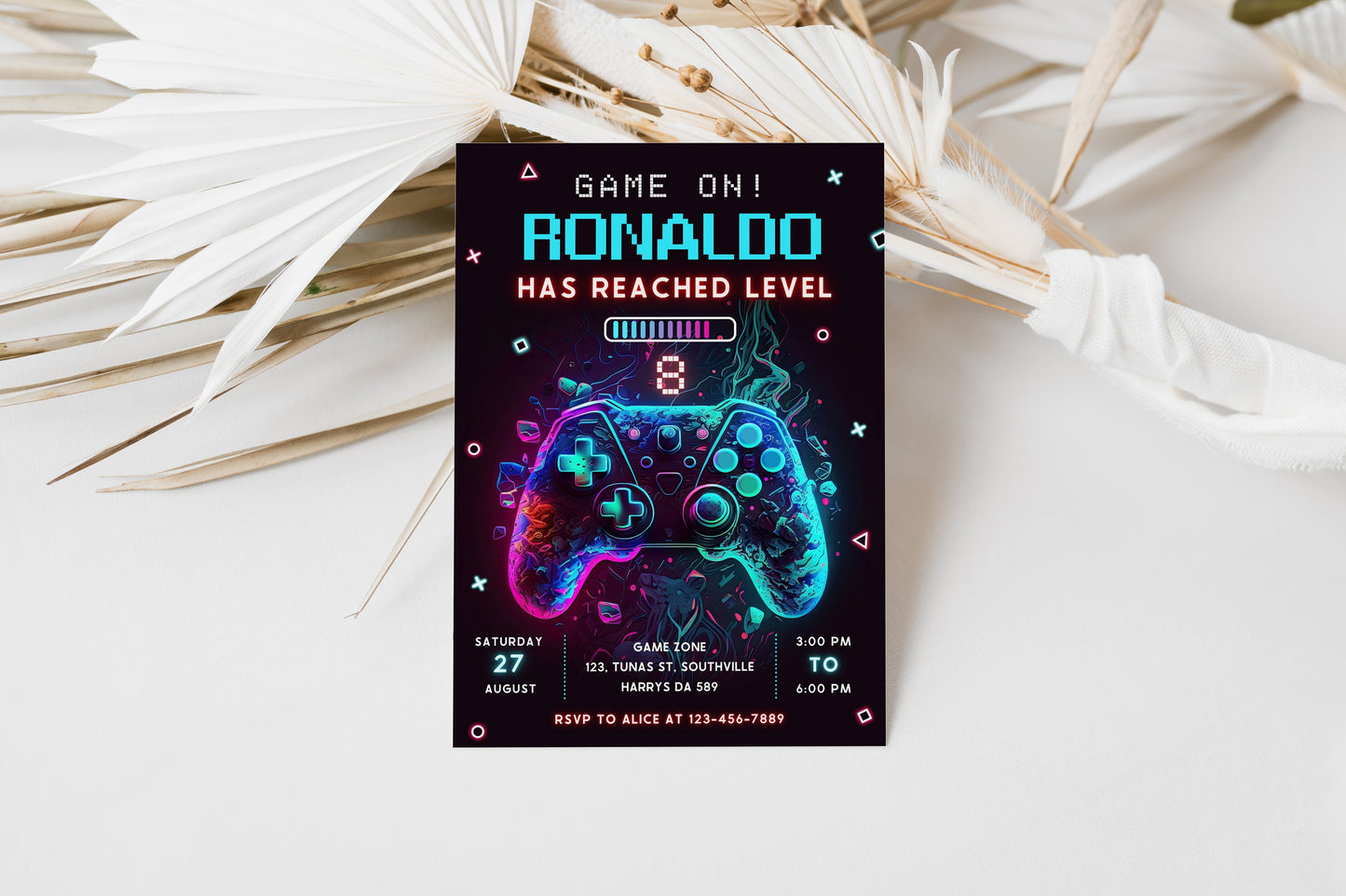 Editable Video Game Birthday Invitation, Video Game Invitation, Neon Game On Level Up Gaming Birthday Party Invites Instant Download 0386