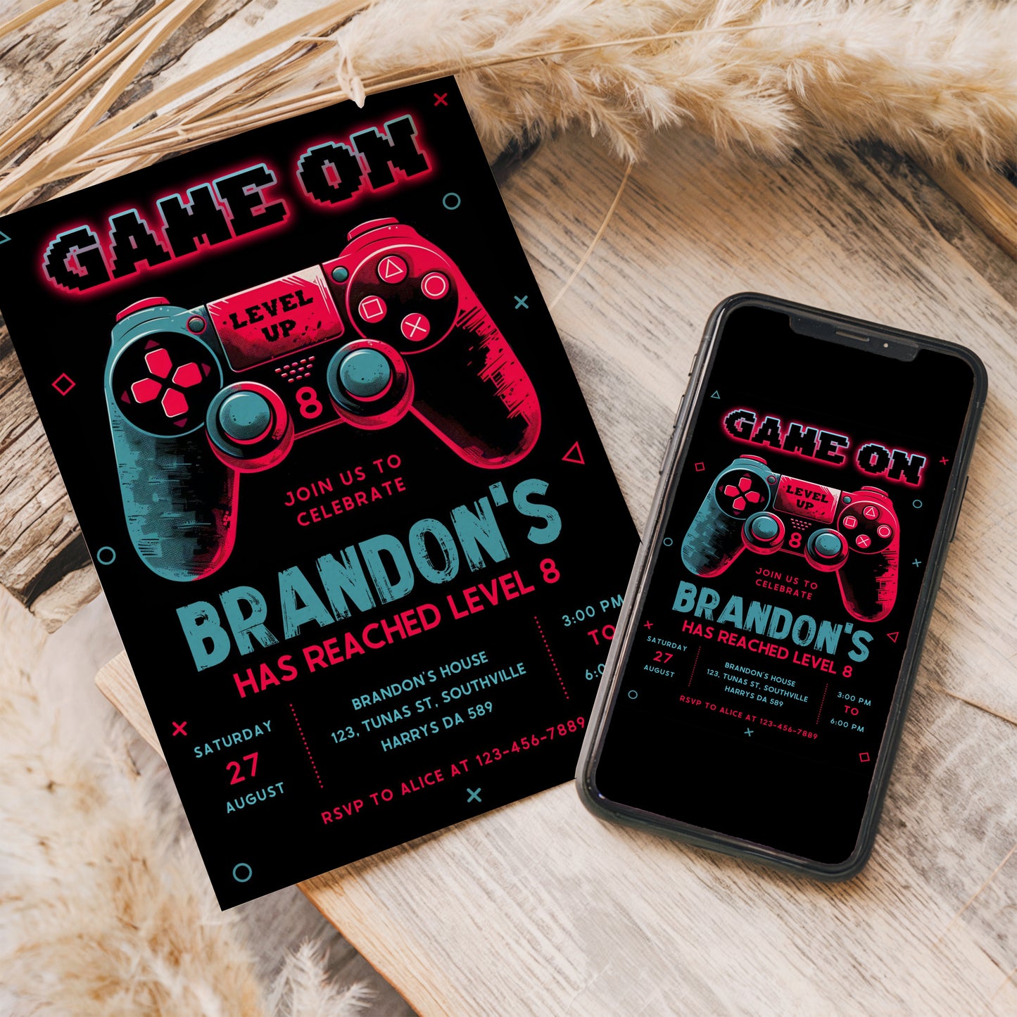 Editable Video Game Birthday Invitation, Video Game Invitation, Neon Game On Level Up Gaming Birthday Party Invites Instant Download 0384