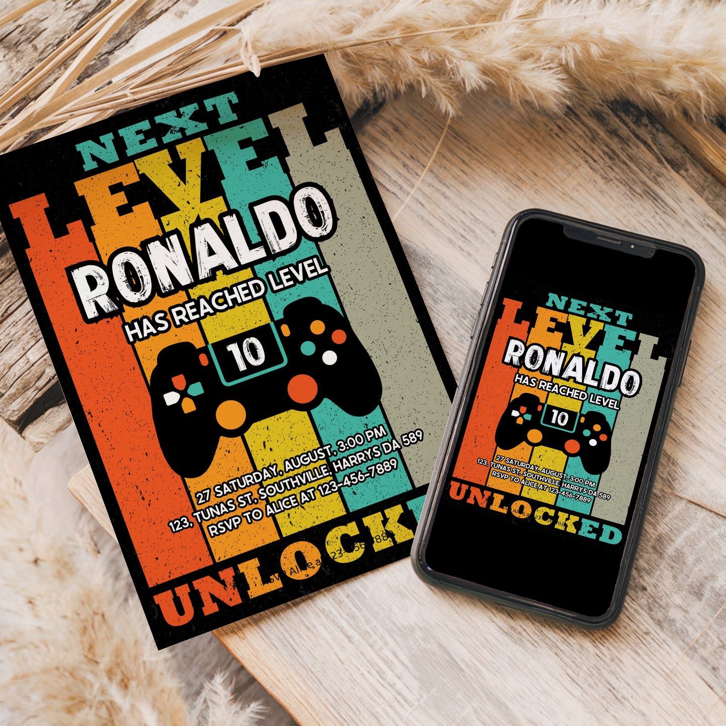 Editable Video Game Birthday Invitation, Video Game Invitation, Neon Game On Level Up Gaming Birthday Party Invites Instant Download 0385
