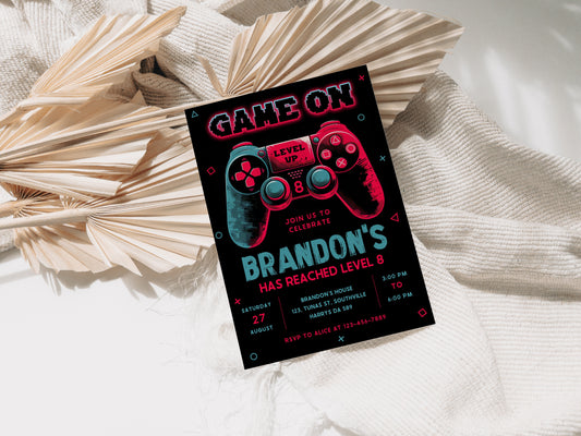 Editable Video Game Birthday Invitation, Video Game Invitation, Neon Game On Level Up Gaming Birthday Party Invites Instant Download 0384
