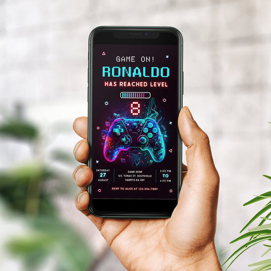 Video Game Party Invitation, EDITABLE Level Up Birthday Invite, Neon Glow Invite, Video Gamer Boy Digital Evite Arcade Party Invitation 0386