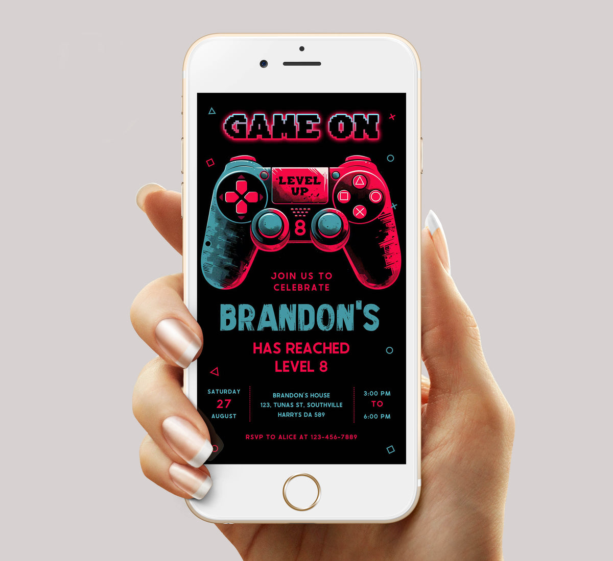 Video Game Party Invitation, EDITABLE Level Up Birthday Invite, Neon Glow Invite, Video Gamer Boy Digital Evite Arcade Party Invitation 0384