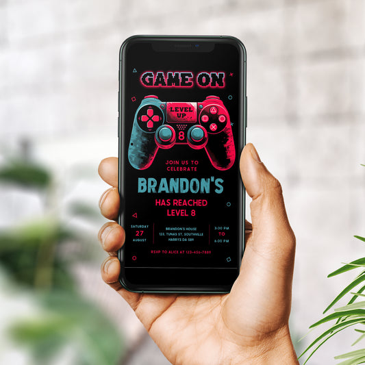 Video Game Party Invitation, EDITABLE Level Up Birthday Invite, Neon Glow Invite, Video Gamer Boy Digital Evite Arcade Party Invitation 0384