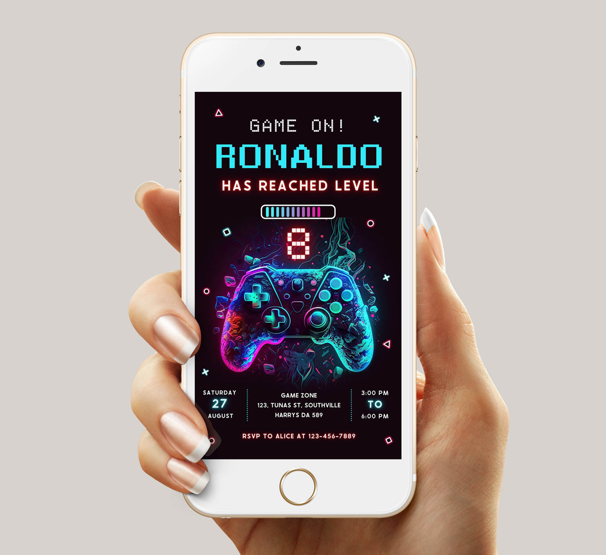 Video Game Party Invitation, EDITABLE Level Up Birthday Invite, Neon Glow Invite, Video Gamer Boy Digital Evite Arcade Party Invitation 0386