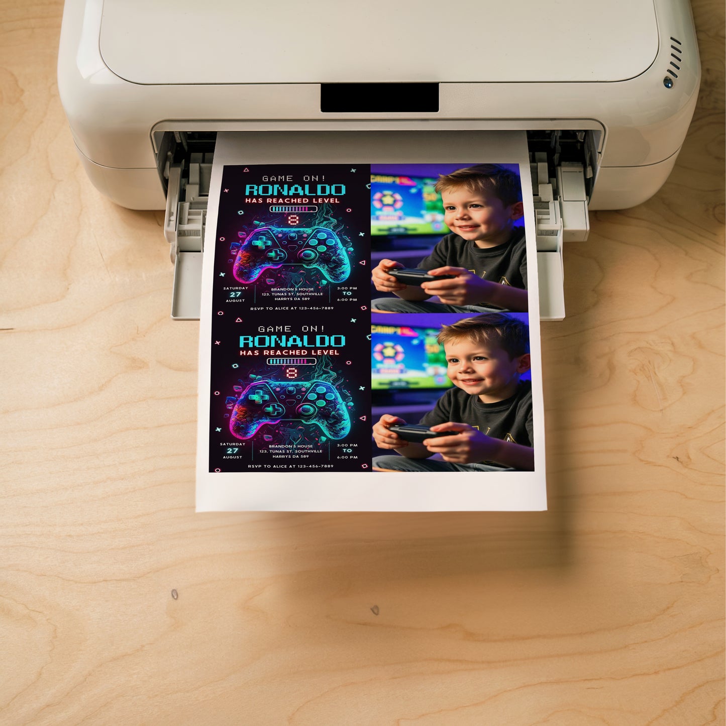 Video Game Party Photo Invitation, EDITABLE Level Up Birthday Photo Invite, Blue Neon Glow Gamer Boy Template with Picture Arcade Party Invitation 0386