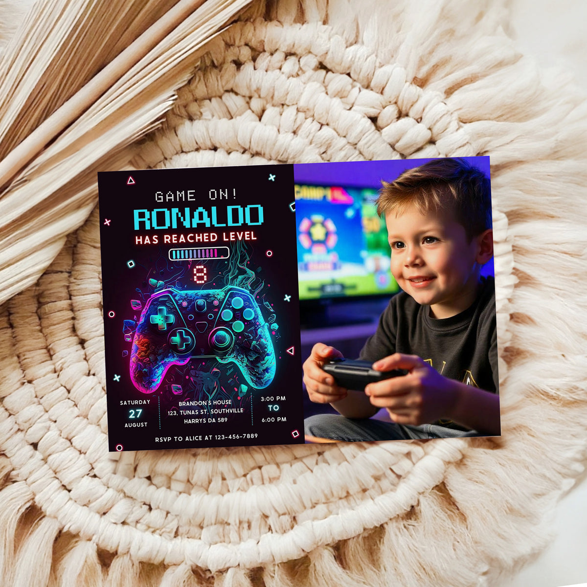 Video Game Party Photo Invitation, EDITABLE Level Up Birthday Photo Invite, Blue Neon Glow Gamer Boy Template with Picture Arcade Party Invitation 0386