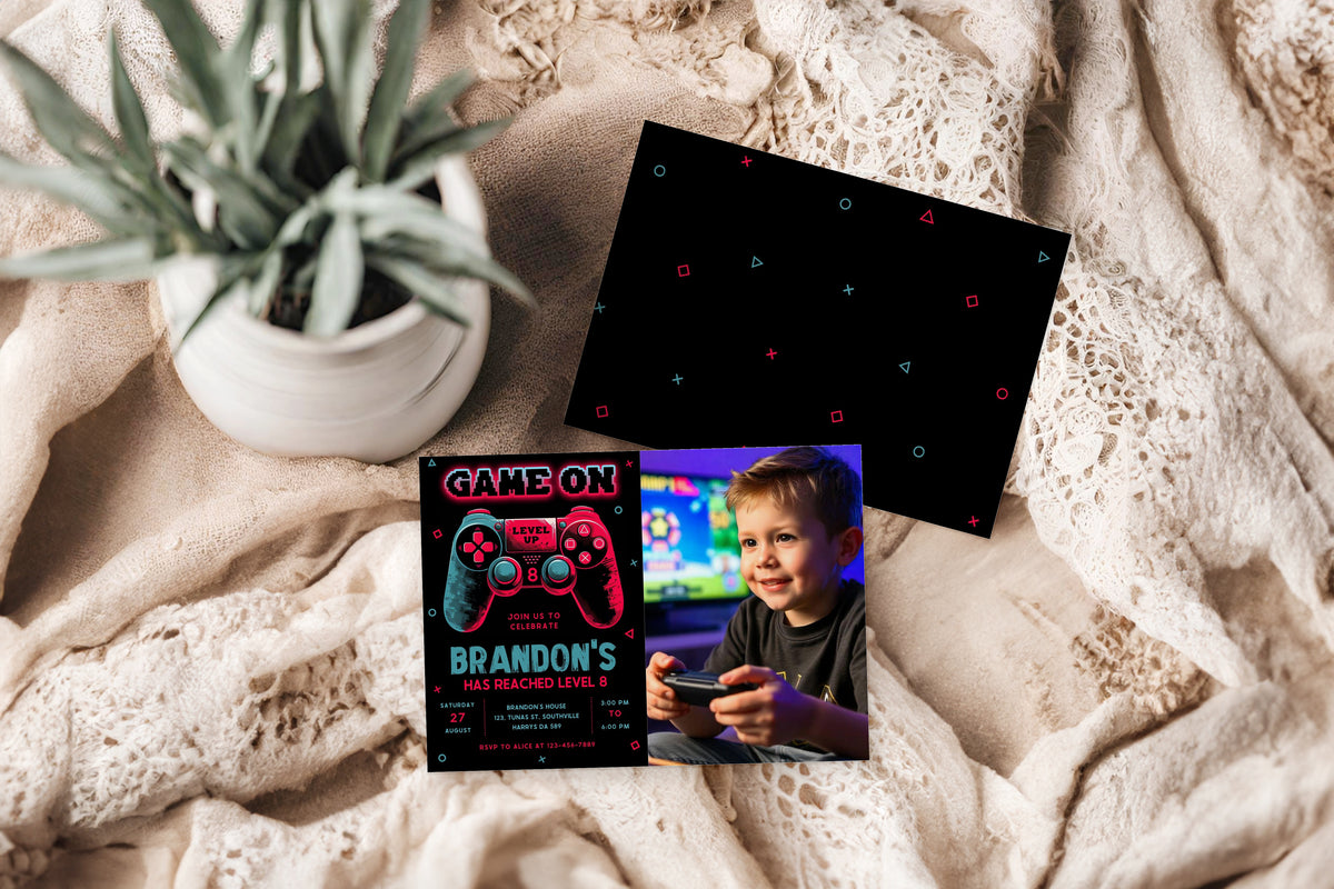 Video Game Party Photo Invitation, EDITABLE Level Up Birthday Photo Invite, Blue Neon Glow Gamer Boy Template with Picture Arcade Party Invitation 0384