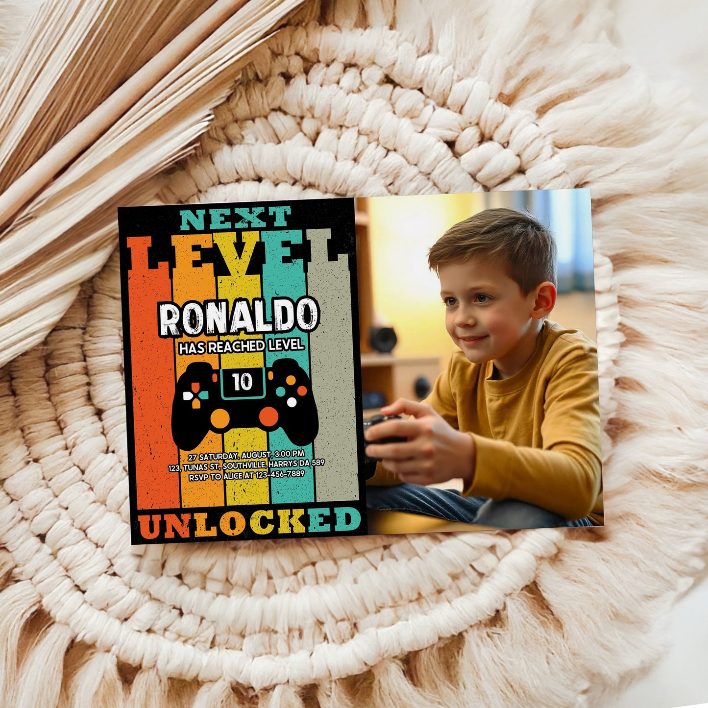 Video Game Party Photo Invitation, EDITABLE Level Up Birthday Photo Invite, Blue Neon Glow Gamer Boy Template with Picture Arcade Party Invitation 0385